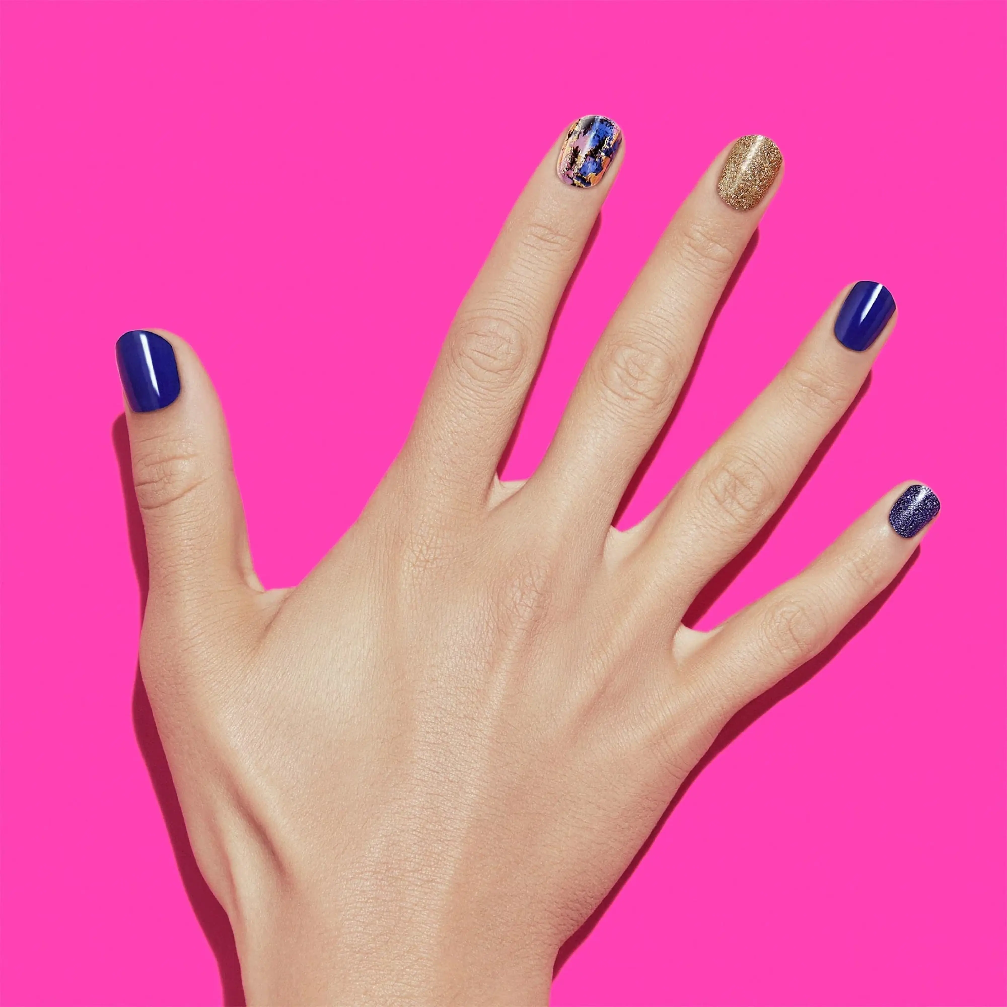 DASHING DIVA Blue Vixen Nail Polish Strips - Navy Blue with Dark Blue & Gold Glitter, Gold Foil, & Abstract Accents