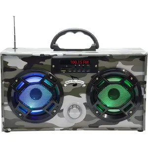 Mini Boombox with LED Speakers - Retro  Speaker w/ FM Radio -  for  and Outdoor (Green Camo)