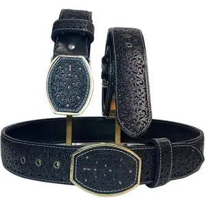 Cinto Charro 2 Inch Wide Belt for Male with Detailed Design and Cross Motif Buckle