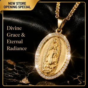 【AMKMAX】 Gold Virgin Mary Oval Rhinestone Pendant Chain Jewelry Necklace, Women's Catholic Faith Jewelry, Everyday Wear Gift, Chain Jewelry Necklaces