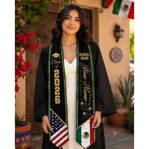 Personalized Mexico USA Graduation Stole Custom Name School Class of 2026 Dual Flag Cultural Graduation Sash Gift