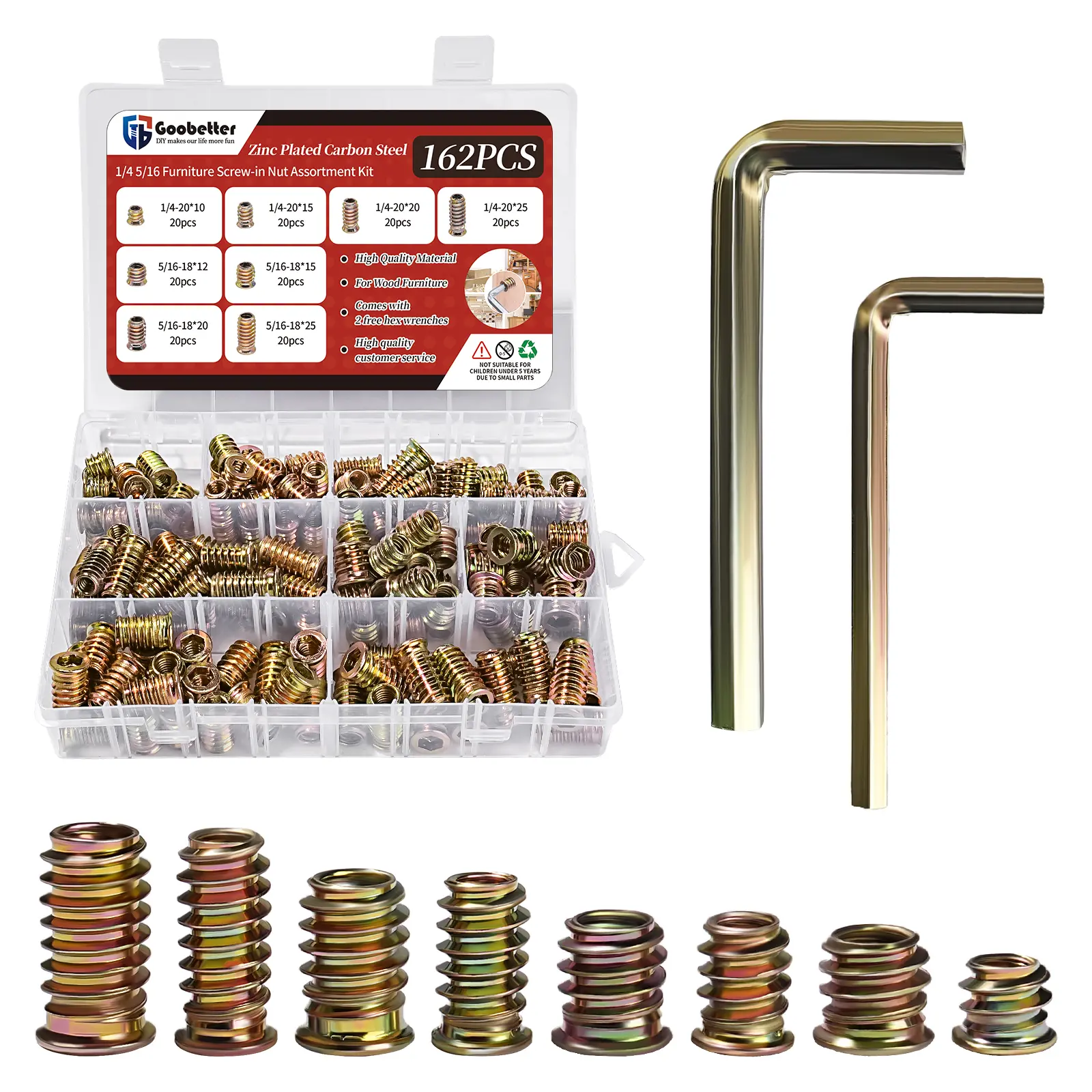 162-Piece Imperial Metric Threaded Wood Dowel Screw Assorted Kit - Heavy Duty Fastening Galvanised Carbon Steel Furniture Nuts, Rust Resistant for Woodworking Small Projects, Cabinet Making Hardware Value Pack, Screw Set Assortment