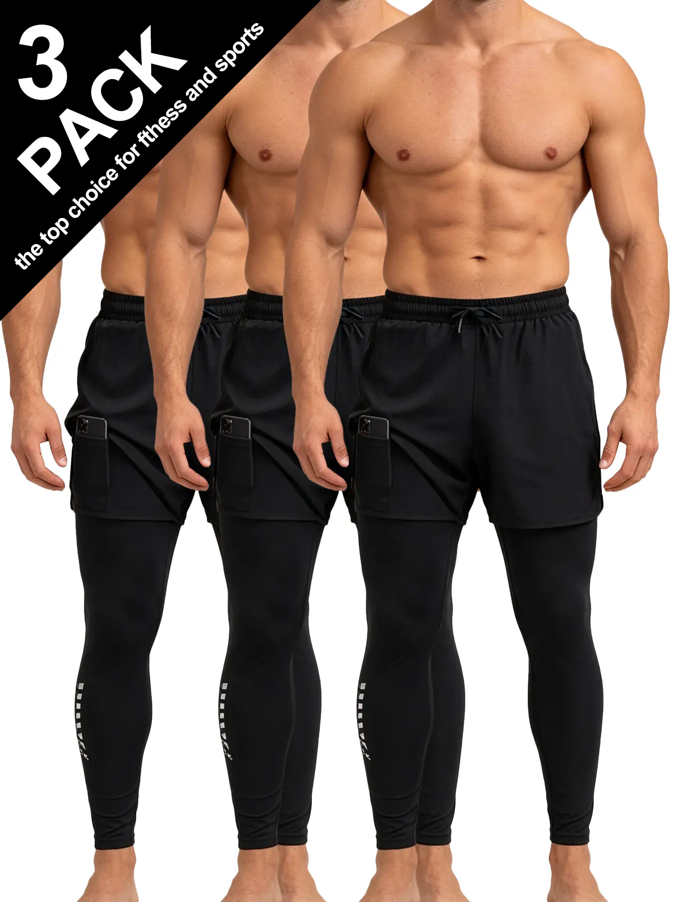 3 Pack Men's 2-in-1 Running Leggings with Shorts, Quick Dry 4-Way Stretch Workout Pants with Phone Pockets & Towel Loop, Anti-Chafing Compression Tights for Gym Training Jogging Sports