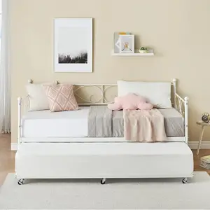 Twin Daybed with Trundle Metal, Twin Trundle Bed Frame, Space Saving, Heavy Duty Metal Slats (White) for Living Room, Bedroom, Apartment