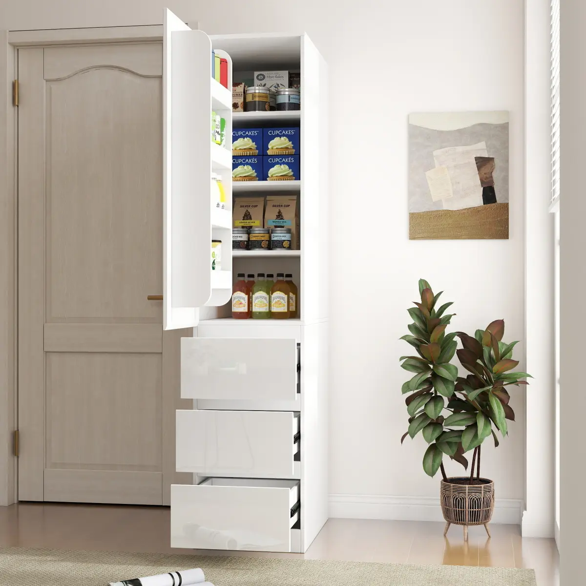Modern Minimalist Rectangular Wood Kitchen Pantry Cabinet (15.75"D×23.62"W×70.87"H) - 15mm Particle Board, 3mm MDF Melamine Laminate, Floor-Mount High-Load-Bearing Tall Cupboard with Easy Maintenance, Multiple Shelves & Drawer for Home Kitchen