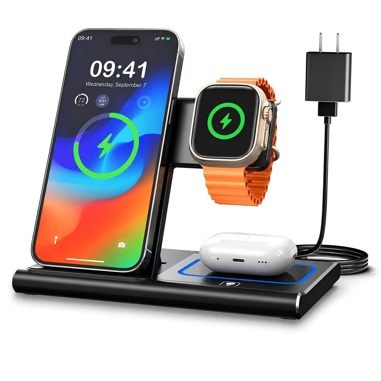 3-in-1 Foldable Magnetic Wireless Charging Station with Adjustable Ambient Light for iPhone 17–12, Apple Watch & AirPods – Portable Travel Desk Charger, Back to School Haul