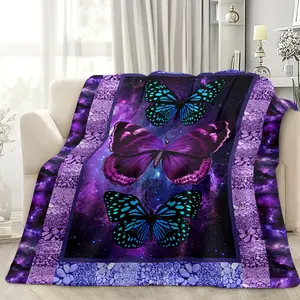 Purple Flannel Throw Blanket, Reversible Digital Print Animal Theme, Microfiber Bedding, All Seasons Multipurpose, Machine Washable, 90g Square Weight, Contemporary Style for Nap & Lounge