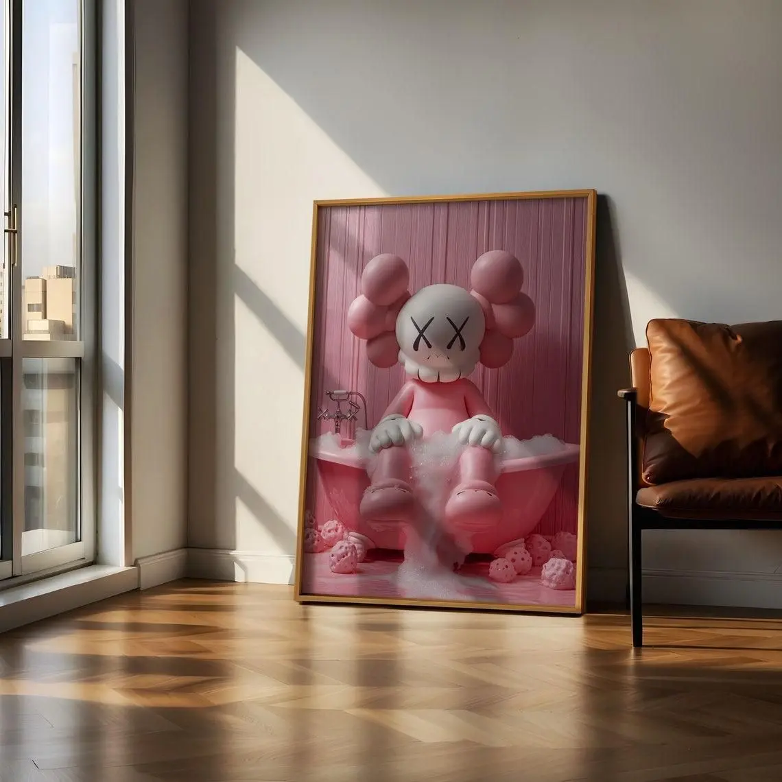 [40% OFF] [UNFRAMED]     Pink Kaws Having a Bath poster, Funny Hypebeast Design, Minimalist Kaws Graffiti Print, Modern Luxury Decor, Bathroom Wall Art