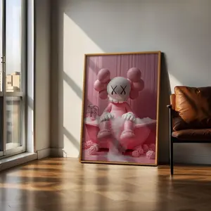 Pink Kaws Having a Bath poster, Funny Hypebeast Design, Minimalist Kaws Graffiti Print, Modern Luxury Decor, Bathroom Wall Art