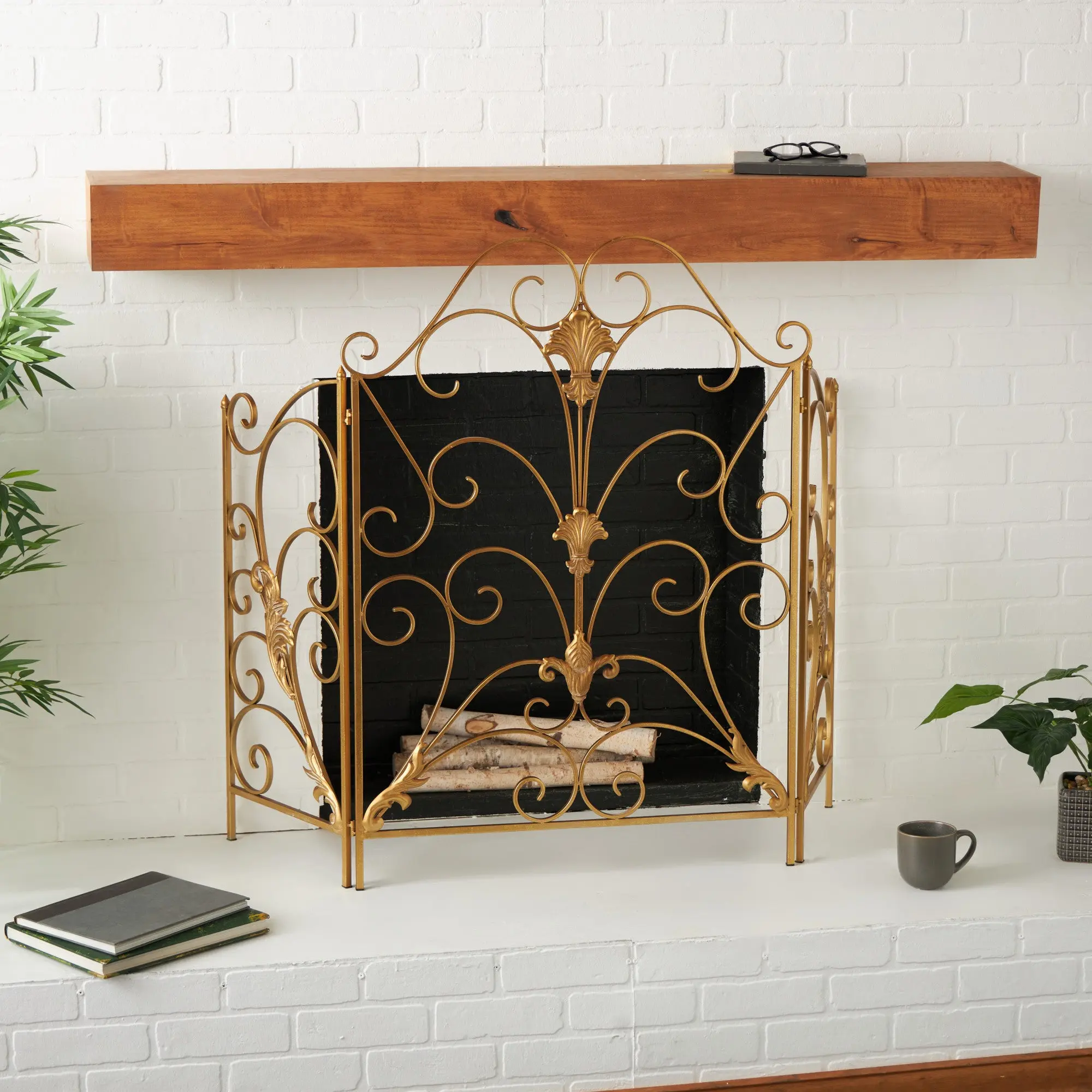 Gold Iron Traditional 3-Panel Foldable Living Room Fireplace Screen, 29l x 14.5w x 40h Inches, Floral Fleur De Lis Accents, Decorative Use Only