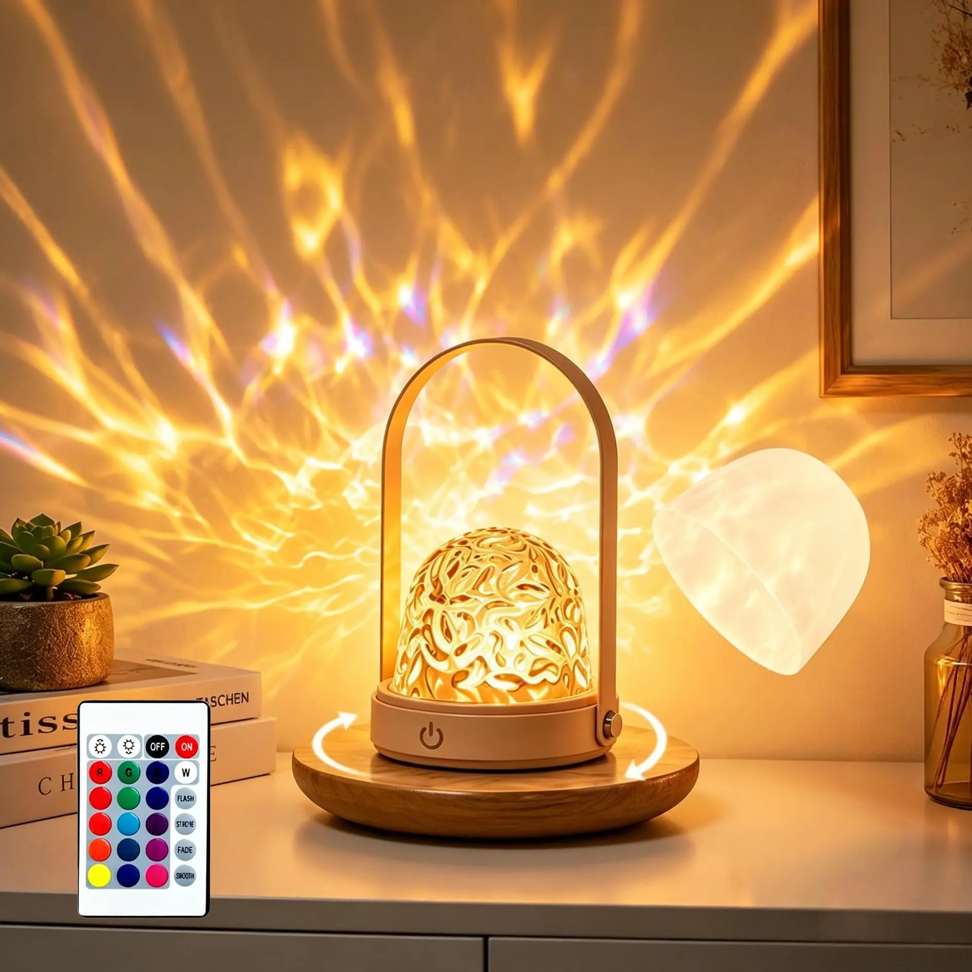 Ocean Wave Projector Light, Multicolor Rotating Water Ripple Mood Lamp with Remote Control, USB Rechargeable Ambient Night Light with Removable Shade
