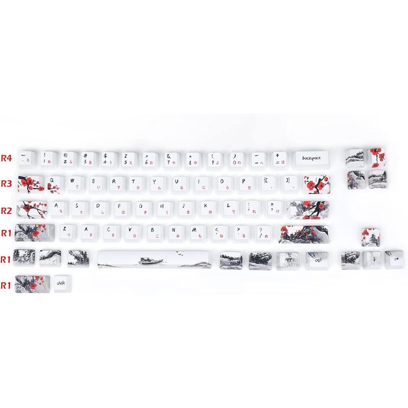 Plum Blossom Keycaps 71 Set for Gaming Mechanical Keyboard Custom PBT OEM Profile Japanese Font with Keycap Puller for Cherry MX 71/61 60 Percent Keyboard