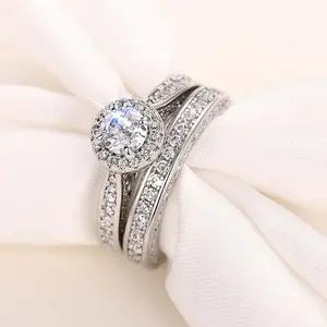 2pcs couple wedding engagement rings full of zircon geometry men and women set of rings birthday anniversary party gift