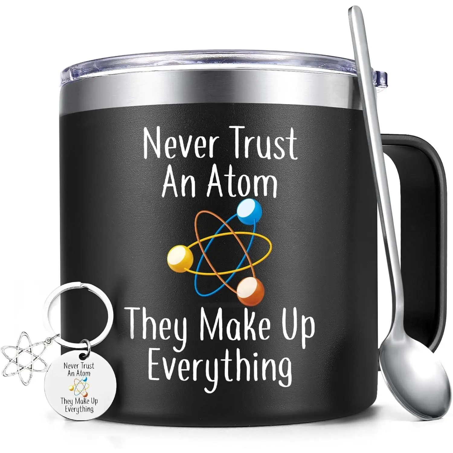 Lifecapido Science Teacher Gift - 'Never Trust an Atom They Make Up Everything' Coffee Mug - 14Oz Stainless Steel, Black - Teacher Appreciation for Science Lovers