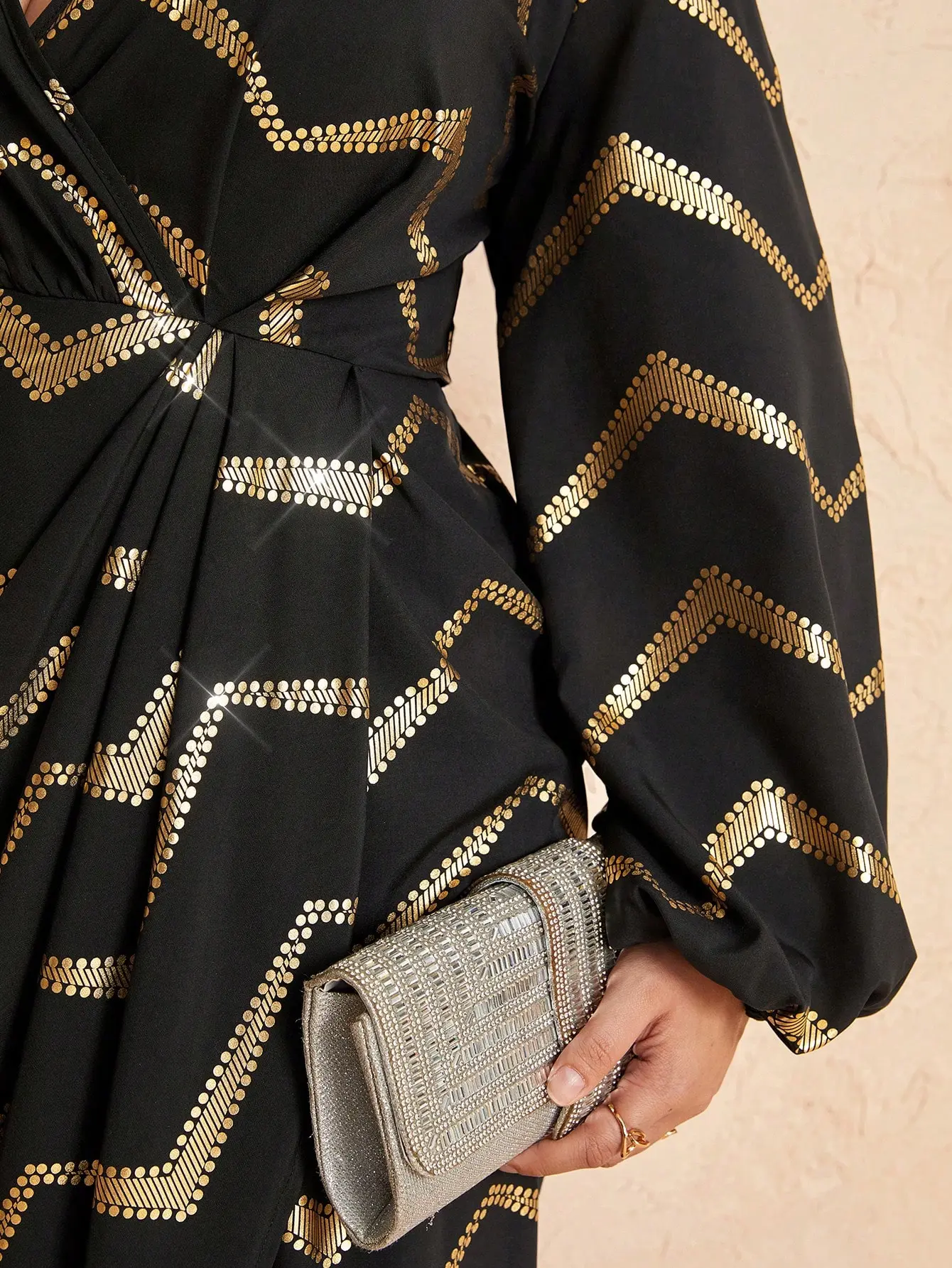 Plus Size Elegant Wrap Dress Black & Gold Chevron V-Neck Long Sleeve Boho Chic Outfit Plus Size Elegant Wrap Dress Black & Gold Chevron V-Neck Long Sleeve Boho Chic Outfit