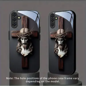 This white glass phone case features a thorn crown and cross design and is compatible with Samsung S25, 24, 23, 22, 21, 20 FE/Plus/Ultra, A03S/05S/05/06/14/15/16/23/24/25/26/32/34/35/36/51/52/53/54/55/56/71, Note20, and other models.