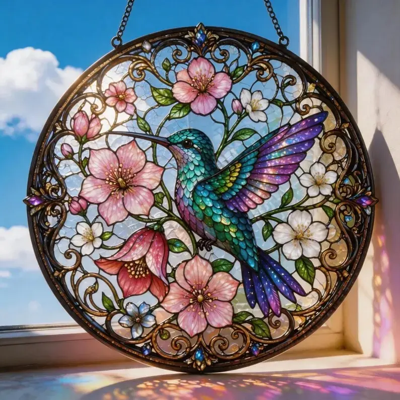 Stained Glass Hummingbird Suncatcher Artwork, Round Window Hanging Decoration, Floral Bird Glass Piece, Colorful Gift for Mom’s Home