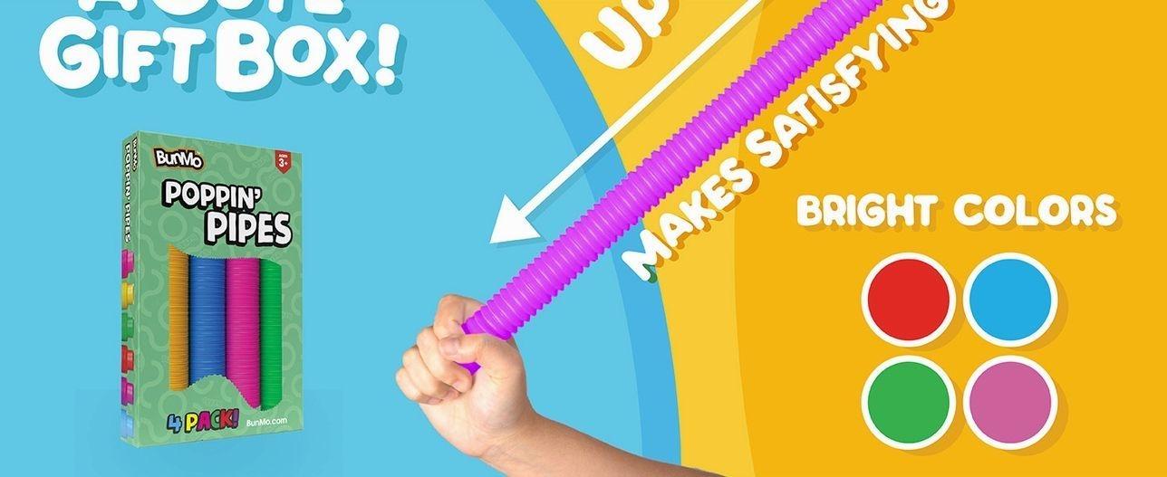 BUNMO Pop Tubes - Sensory Toys - Fidget Toys - Imaginative Play & Stimulating Creative Learning - Hours of Fun for Kids - Tons of Ways to Play - Non-Mouthable Toy 3+ - 4 Pack Large