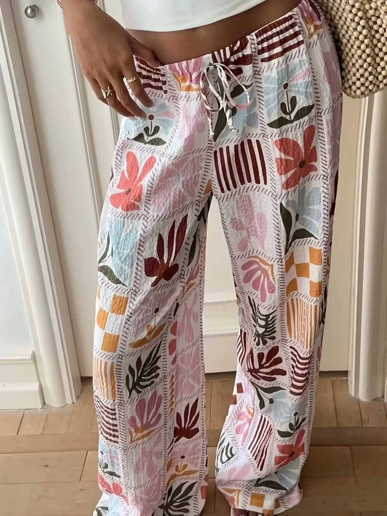 Patchwork Floral Wide-Leg Casual Lounge Pants, Bohemian Style Pants, Plus Size Womenswear Adjustable Drawstring Waist Loose Fit Trousers, Lightweight Boho Crinkled Fabric, Y2K Clothes Summer Vacation Outfits, Bohemian Bottoms
