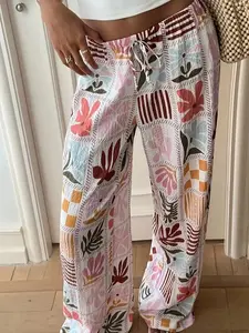 Fashion Patchwork Floral Wide-Leg Pants Plus Size Casual Drawstring Waist Loose Fit Trousers, Lightweight Boho Crinkled Fabric, Y2K Clothes Summer Vacation Outfits, Trendy Daily Casual Wear, Comfortable Flowy Fit Bohemian Bottoms