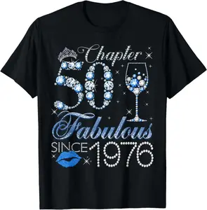 100% Cotton Chapter 50 50th Birthday Crown Wine Glass Denim and Diamonds T-Shirt
