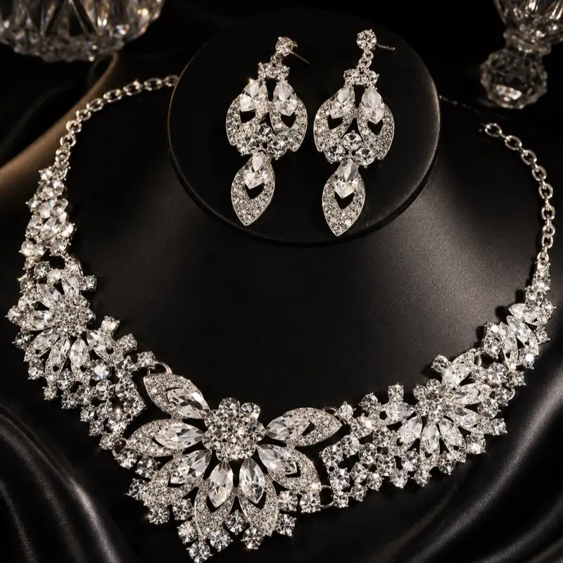 Royal Crystal Statement Necklace & Earrings Set | Luxury Silver Crystal Jewelry | Bridal, Prom & Formal Evening Jewelry