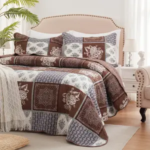 3-Piece Quilt Set Full Queen King And California King Size - Brown Reversible Bedspread Coverlet With 2 Pillow Shams - Lightweight Oversized Bed Cover - Soft Warm Bedding Set For All Seasons