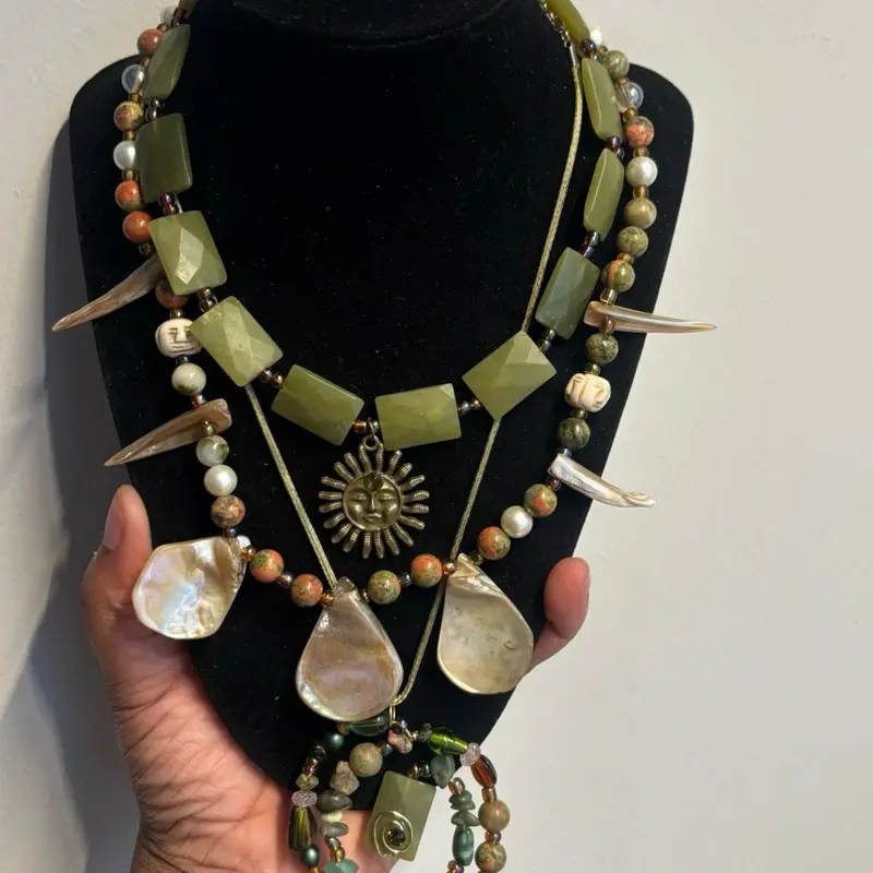 Earth Goddess 3 Necklace Set Unakite/Seashell olive green Jade/Sun Charm Gemstone Spiral