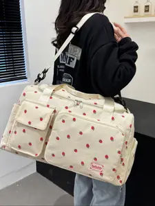 Corduroy strawberry travel bag, lightweight and large-capacity commuter shoulder luggage, multi-functional wet and dry separation design, independent shoe compartment, suitable for holidays, Travel Duffle Bag