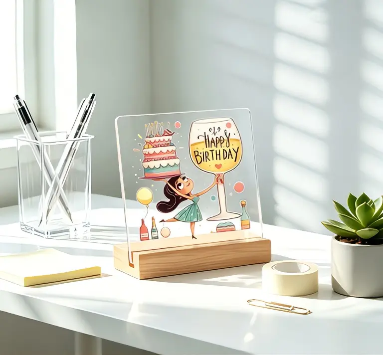 Happy Birthday Acrylic Plaque with Wooden Stand, Cartoon Girl Wine Cake Pattern Desk Decor, Birthday Keepsake Gift for Women, Friends, Birthday Party Table Ornament