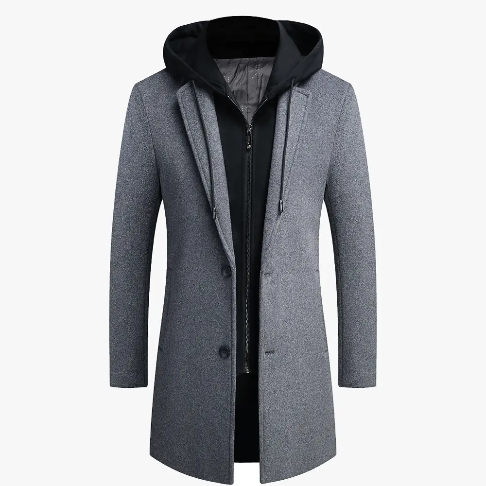 1PC Menswear Trench Coat - Winter Wool Blend Long Single-Breasted Overcoat, Warm Removable Hooded Premium Business Casual Top with Detachable Hip Length Design, TNZI Brand