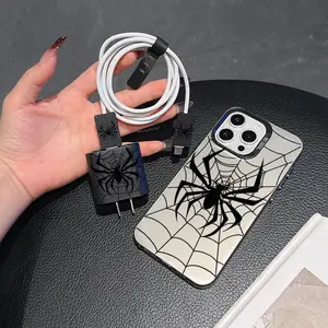 Spider Web Pattern Phone Case with Charger Saver & Cable Protector & Storage Rope, Anti-drop Phone Cases for iPhone, Casing