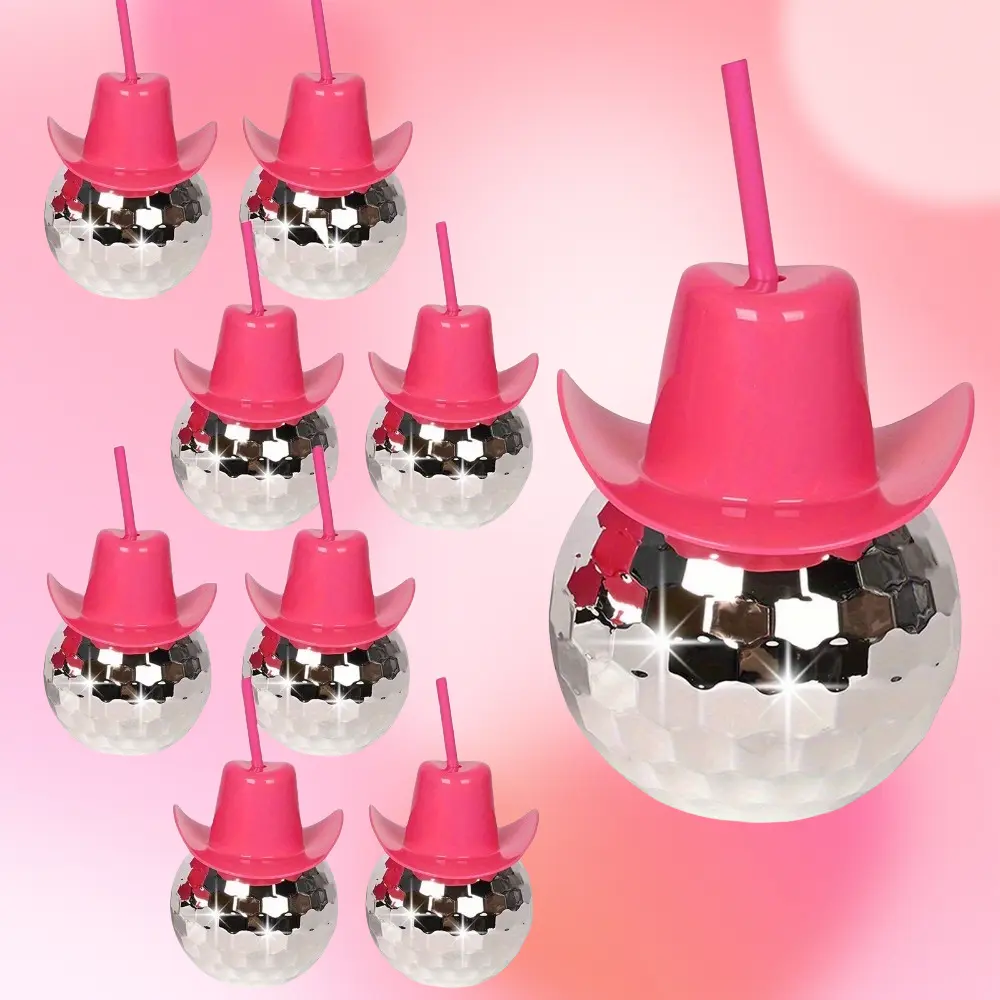 6pcs Sparkling Pink Disco Cowboy Hat Cups with Glittery Ball Roostertail Design 20oz Durable Food-Graduation party Safe Plastic Reusable Party Cups for Bachelorette & Cowgirl Themed Parties Nightclub Bar Decor Hand Wash Only