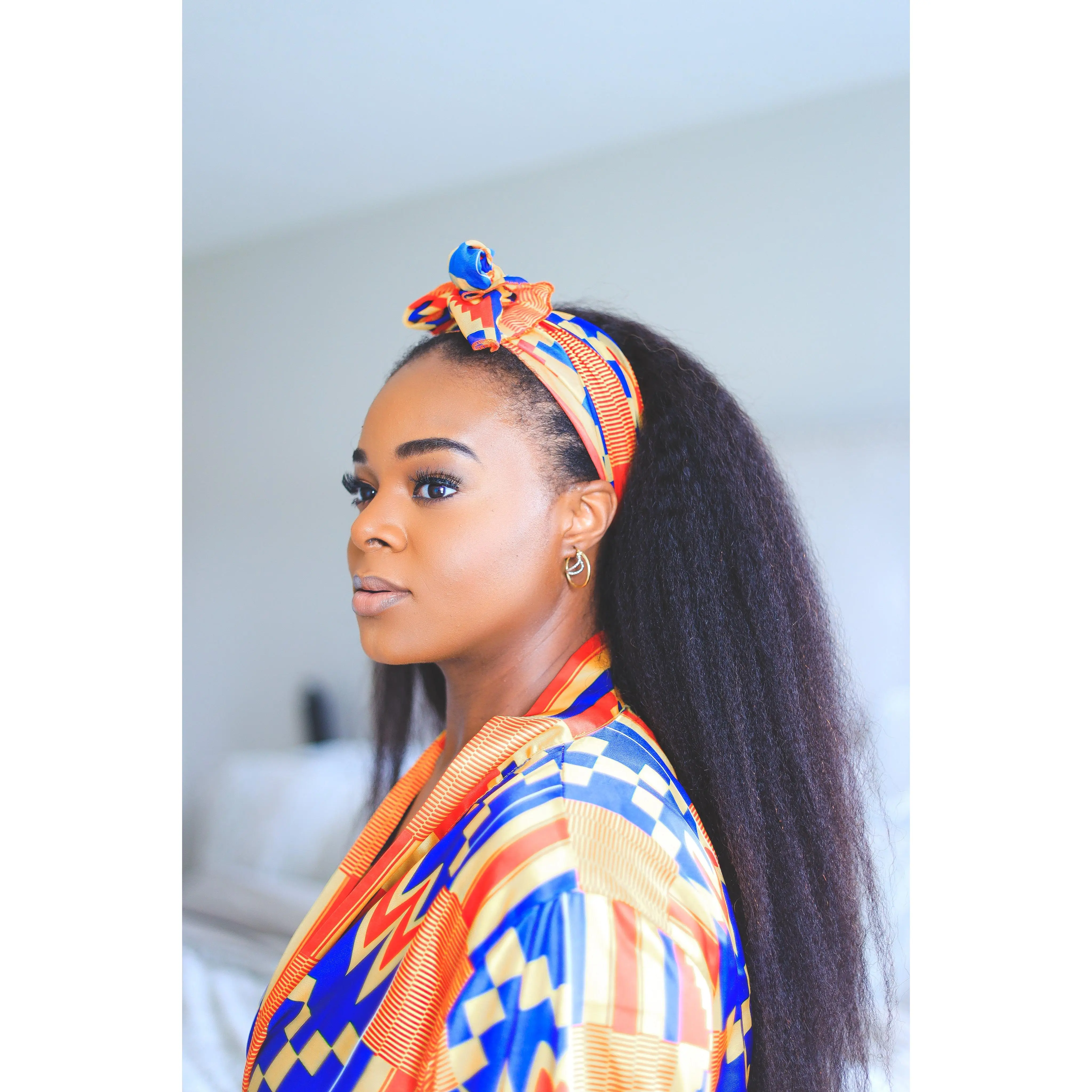 African Kente Print Head Scarf for Women, Long 61in Orange Chiffon Fashion Wrap, Glamorous and Casual Style, Africa, Ethnic, 61In X 13In, Activewear Accessory, Protect While Sleeping, Sports