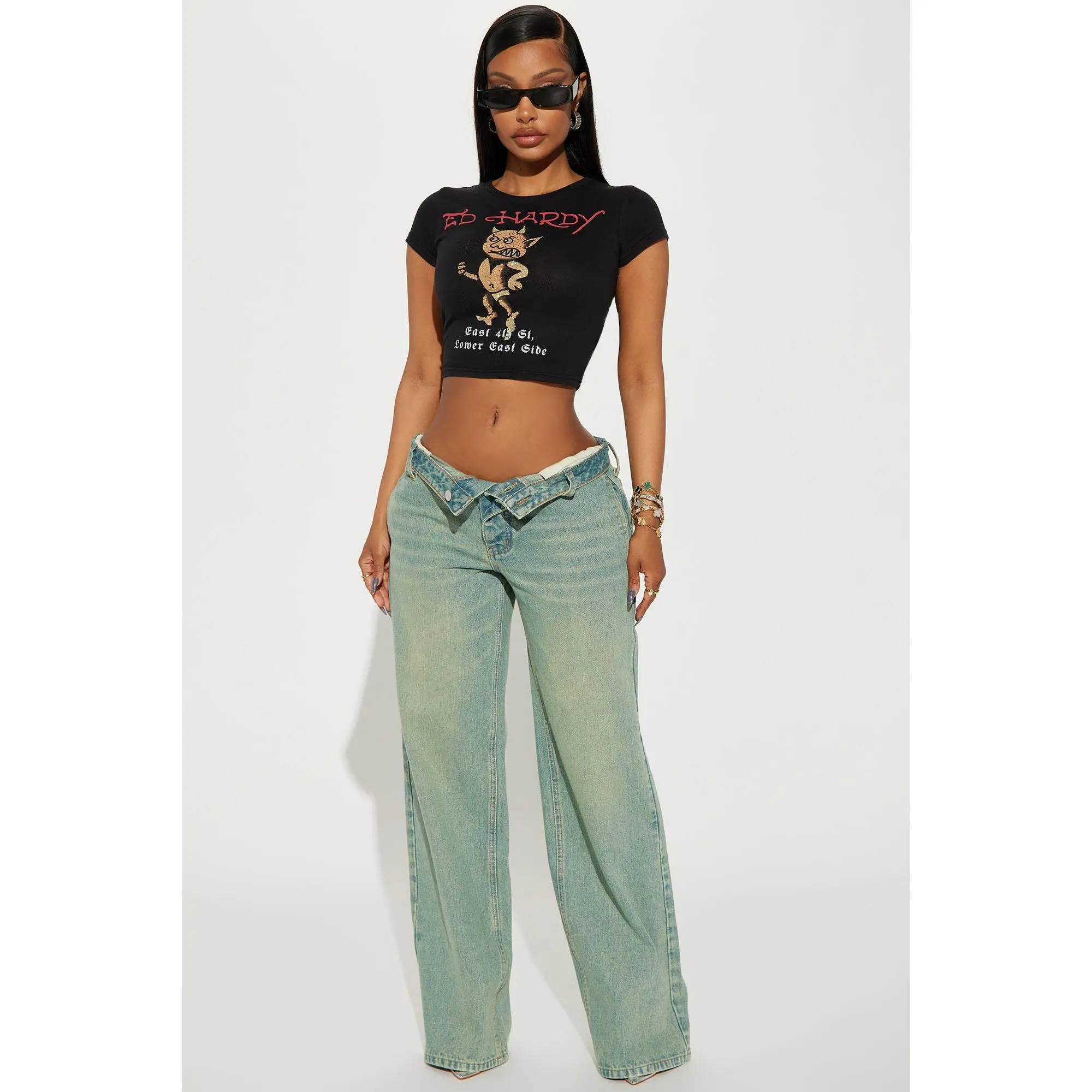 Frankie Foldover Tinted Wide Leg Jeans - Medium Wash Frankie Foldover Tinted Wide Leg Jeans - Medium Wash