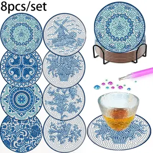 8-Piece Diamond Painting Floral Art Coasters, DIY Wooden Cup Mats with Stand Kit, Heat-Resistant and Non-Slip, Perfect Gift for Friends and Family