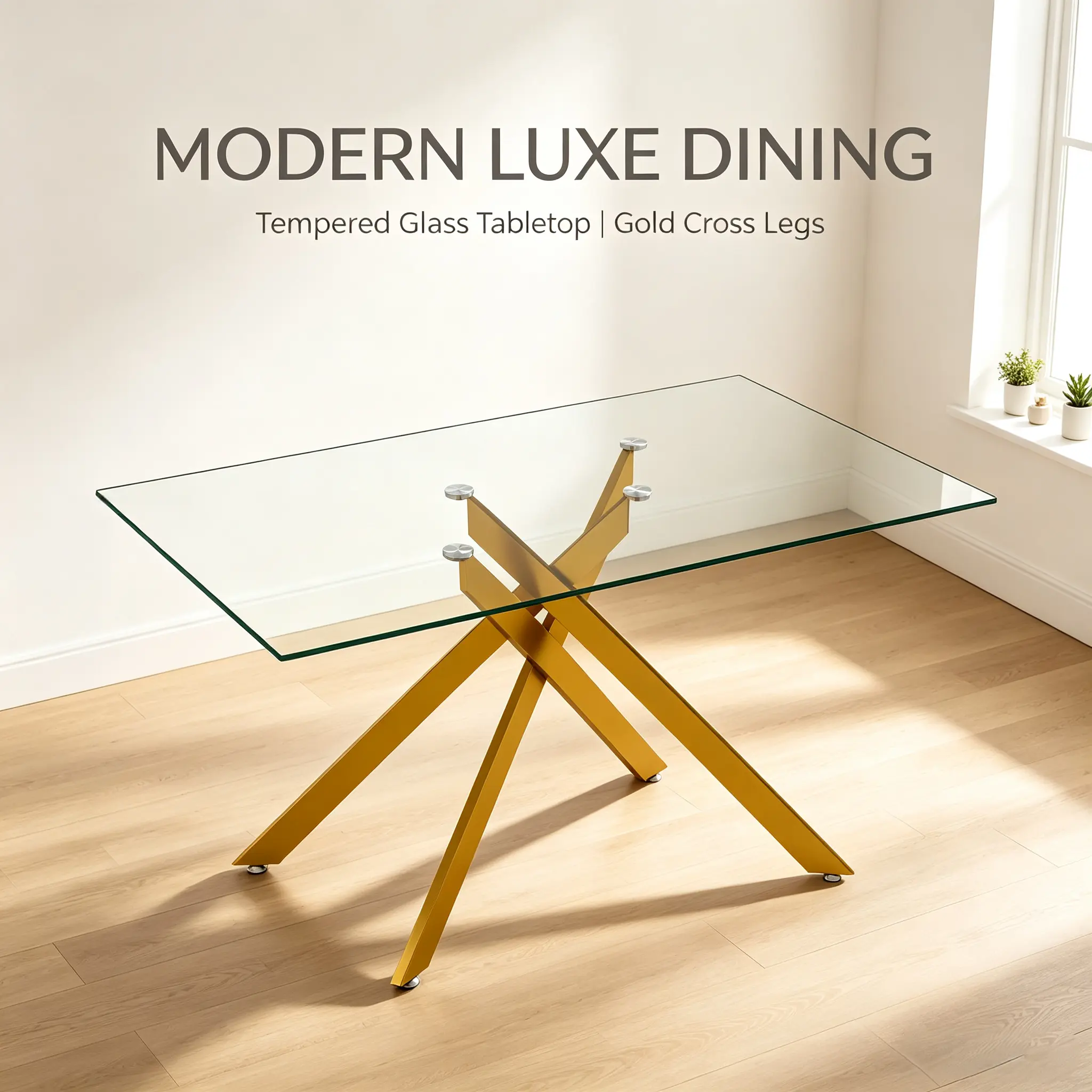 51.18in Golden Modern Glass-and-Metal Rectangle Dining Table - Tempered Glass Top, Metal Legs, Space-Saving Indoor Kitchen Table for Dining Room, Seats 4-6
