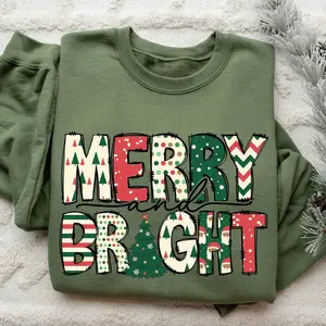 Merry and Bright Shirt/Sweatshirt/Hoodie, Retro Crewneck, Gift For Xmas, Cotton, Womenswear Tops