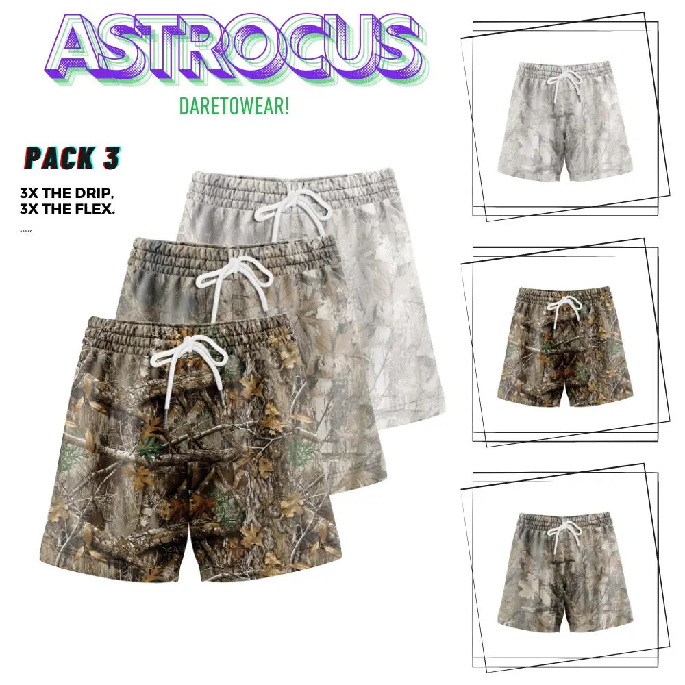 Pack 3 Camo Hunting Shorts Mesh with  5 Inch Inseam - Breathable, Moisture-Wicking Polyester, Ideal for Casual Wear & Workouts, Camouflage Pattern - Menswear, Fabric daily