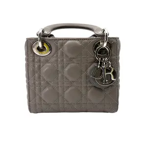 Pre-owned Dior Lambskin Shoulder Bags Lady Mini Grey Cannage Handle Bag With Silver Charms DR702