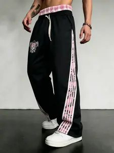 Men's Long Pants with Side Stripes and Geometric Print, Elastic Waist Sporty Pants, Wide Leg Street Style Fitness Pants