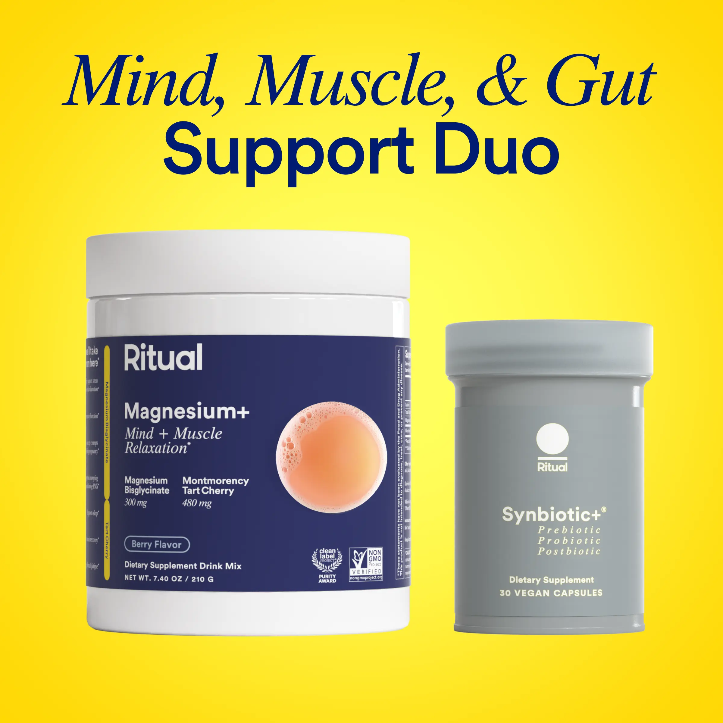 Ritual’s Mind, Muscle, & Gut Support Duo with Magnesium+ Drink Mix for Mind and Muscle Relaxation and Synbiotic+ for Daily Gut Health Support, 30 Day Supply