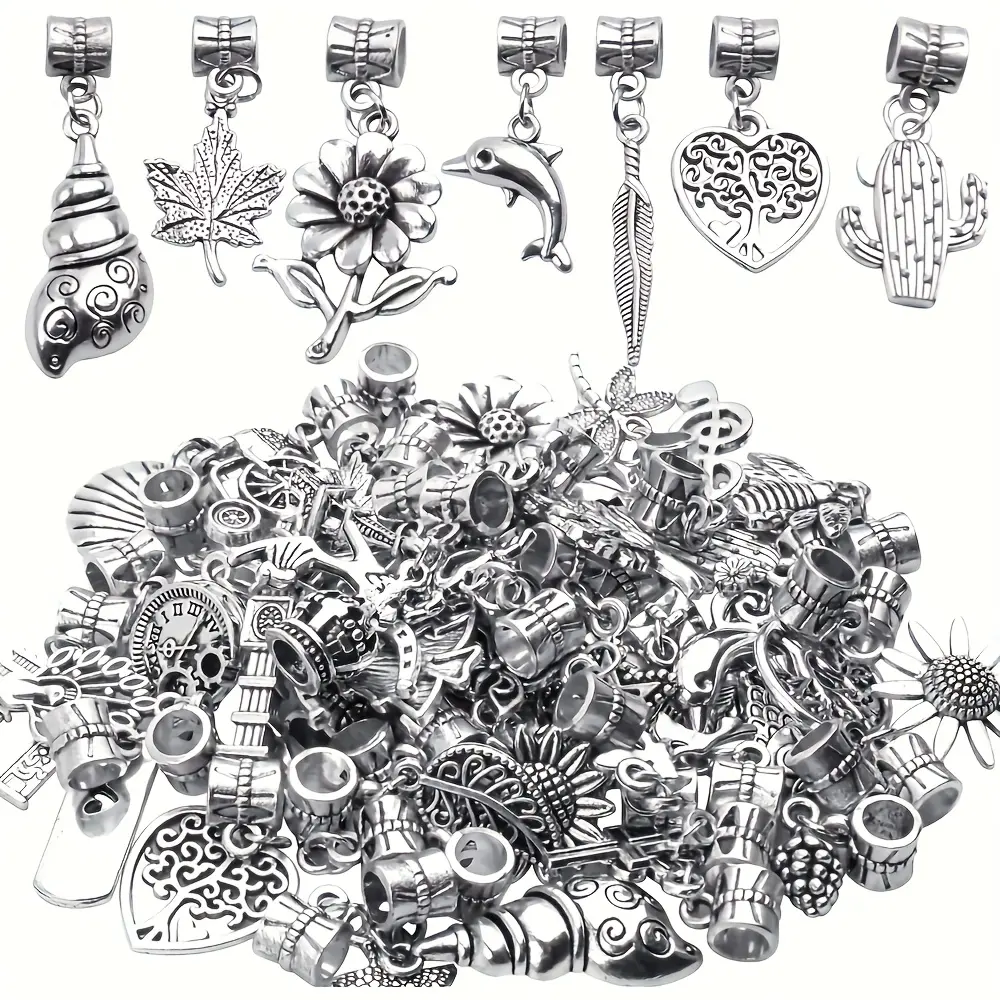 [Vintage Jewelry Beads] 30pcs Vintage Jewelry Beads - Floral, Animal, Heart, Abstract Designs | Large Hole Spacer Beads & Pendants for DIY Bracelets, Anklets, Keychains - Durable Alloy Beads for Everyday or Party Jewelry Making - Perfect
