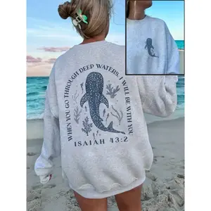 Sweatshirt – Comfortable cotton-blend crewneck with Isaiah 43:2 Bible verse print, stylish ocean-style pattern pullover suitable for beach days, casual wear, faith-based streetwear, and cute everyday wear, topGARMENTARY