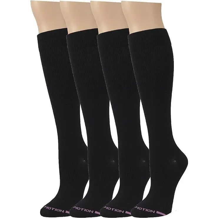 Women's Compression Socks (4 Pairs), Knee-High Knitted Cotton Blend in Solid Black, Mild 8-15 mmHg Graduated Support for Everyday Fit, Spandex