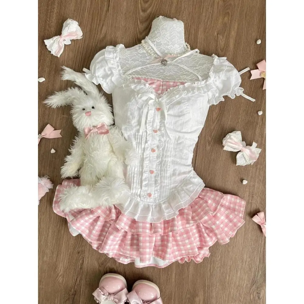 Lady's Summer Sweet Preppy Style 2-Piece Clothes Set - Cute Short-Sleeve Top, High-Waist Chic Retro Princess Kawaii Lolita Skirt Outfit Gift