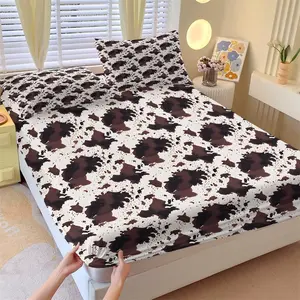 Western Cow Print Fitted Sheet Set, 1 Fitted Sheet + 2 Pillowcases, Brown and White Cowhide Bedding, Soft Cozy Microfiber Bed Linen, Perfect Rustic Bedroom Decor Gift