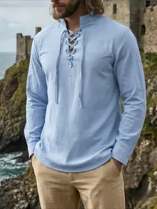 Men's Vintage Style Stand Collar Drawstring Long Sleeve Shirt, Breathable Linen Fabric, Spring Summer Casual Fashion Wear, Beach Vacation Wear