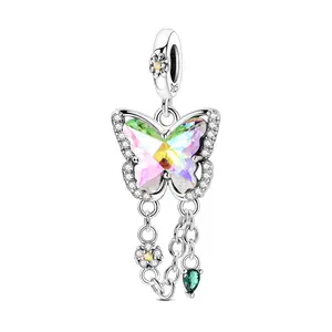 MULA Rainbow Pink and Green Butterfly Flower Pendant, 925 Silver-plated with Glass and Cubic Zirconia - Matches with Pandora Bracelets and Necklaces, Perfect Gift for Girls and Women