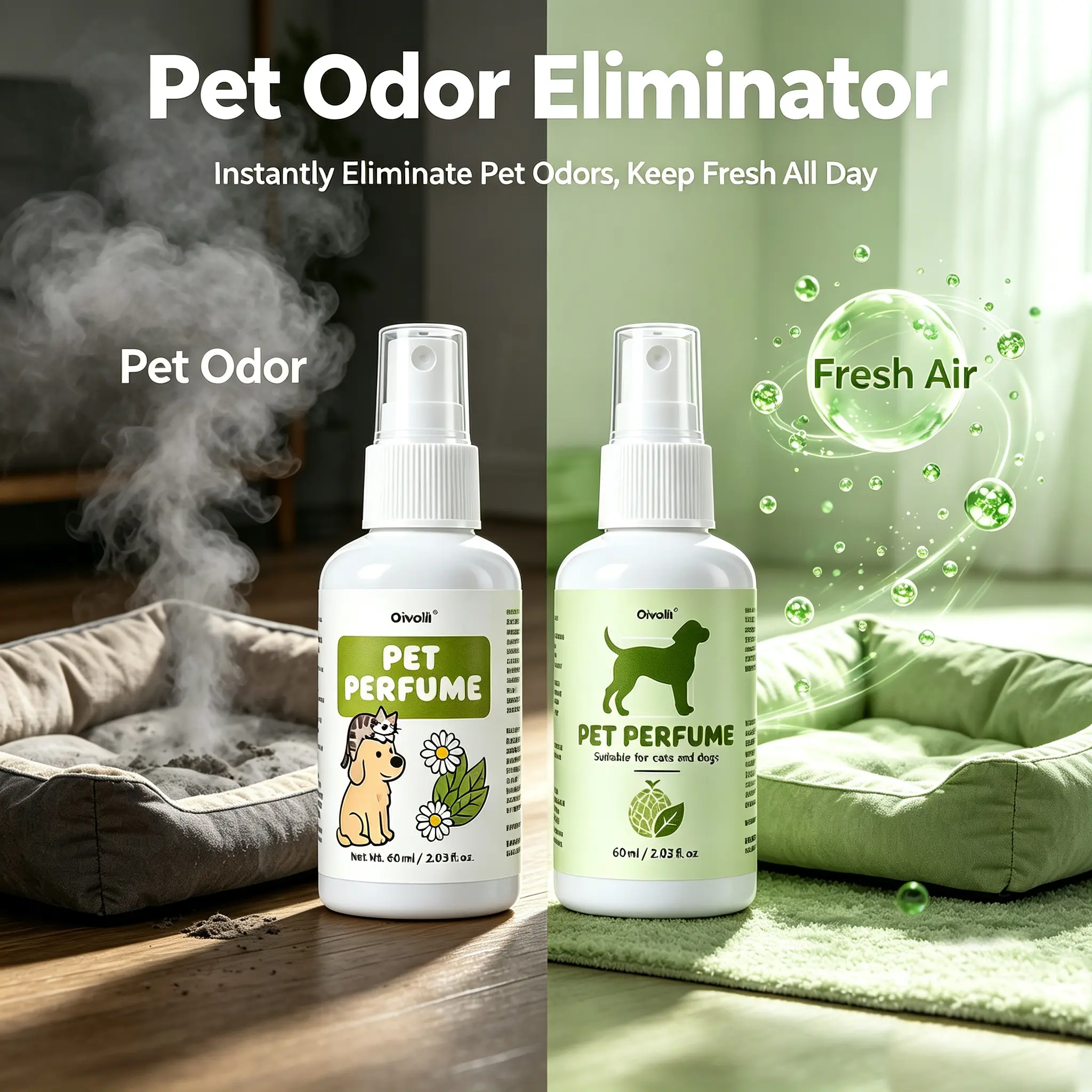 Green Tea & Melon Pet Cologne Set (2x60ml), Gentle Scented Pet Perfume Spray for All Dogs & Cats Pet Odor Eliminator Odor Remover